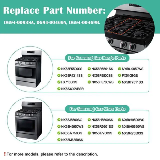 Alt view image 2 of 7 - DG94-00938A Stove Grate Replacement for Samsung NX58J5600SG, NX58H5600SS, NX58H9500WS, NX58H9950WS, NX58F5500SS, NX58R5601SS, NX58R4311SS, DG94-00469A DG94-00469B Surface Burner Grate Center