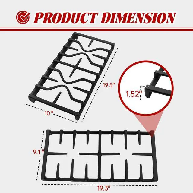 Alt view image 2 of 7 - WB31X27151 Side Grates WB31X27150 Center Grates Replacement Parts Kit for GE Stove Parts, WB31X24736 WB31X24737 Cast Iron Grate Cooktop Burner for JGBS66REKSS JGB735SPSS Stove Grate