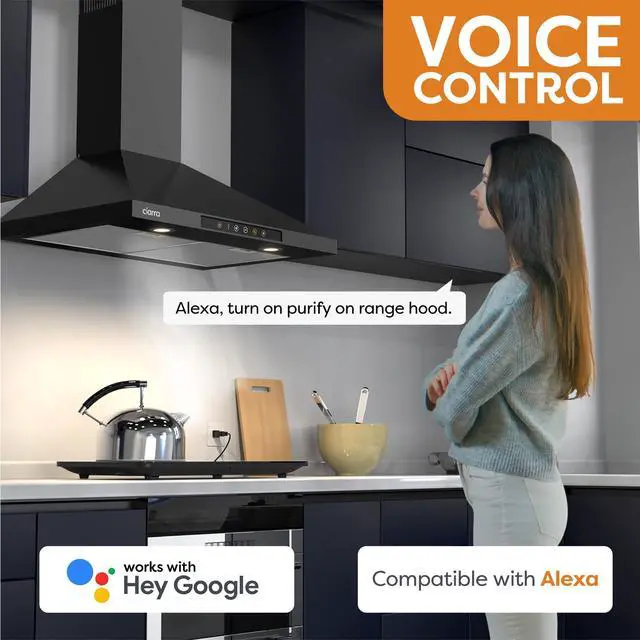 Alt view image 3 of 7 - Black Range Hood 30 inch with Voice Control, Wall Mount Range Hood Compatible with Alexa/Google Home/Smart Life Assistant, Stove Vent Hood for Kitchen with 3 Speed Exhaust Fan, CAB75206W