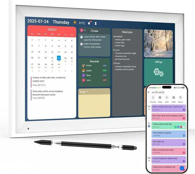Main image of 15.6 Inch Smart Digital Family Calendar, White | 15.6in digital calendar, 1920x1080 touchscreen, 64GB WiFi sync, wall desk mount, stylus, screen guard, art gallery meal plan