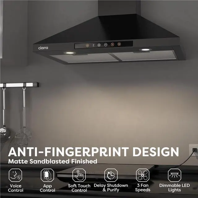 Alt view image 6 of 7 - Black Range Hood 30 inch with Voice Control, Wall Mount Range Hood Compatible with Alexa/Google Home/Smart Life Assistant, Stove Vent Hood for Kitchen with 3 Speed Exhaust Fan, CAB75206W