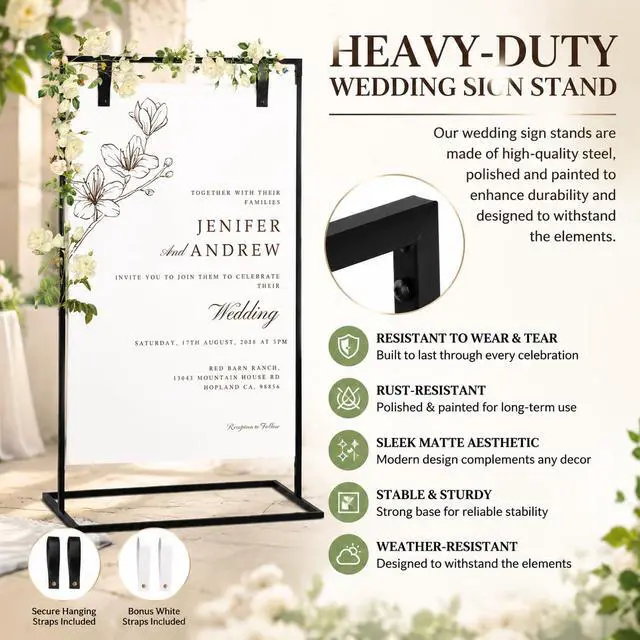 Alt view image 2 of 7 - Welcome Sign Stand,50 x 30 x 20 Inch Wedding Welcome Sign with Black & White Leather Sign Hanging Straps,Heavy Duty Sign Holder Stand & Easel Stand for SignWelcome to Our Wedding Sign
