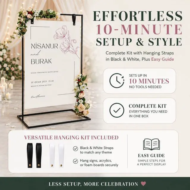 Alt view image 4 of 7 - Welcome Sign Stand,50 x 30 x 20 Inch Wedding Welcome Sign with Black & White Leather Sign Hanging Straps,Heavy Duty Sign Holder Stand & Easel Stand for SignWelcome to Our Wedding Sign