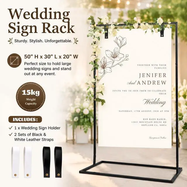 Alt view image 3 of 7 - Welcome Sign Stand,50 x 30 x 20 Inch Wedding Welcome Sign with Black & White Leather Sign Hanging Straps,Heavy Duty Sign Holder Stand & Easel Stand for SignWelcome to Our Wedding Sign