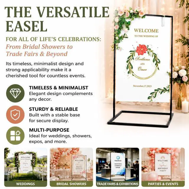 Alt view image 6 of 7 - Welcome Sign Stand,50 x 30 x 20 Inch Wedding Welcome Sign with Black & White Leather Sign Hanging Straps,Heavy Duty Sign Holder Stand & Easel Stand for SignWelcome to Our Wedding Sign