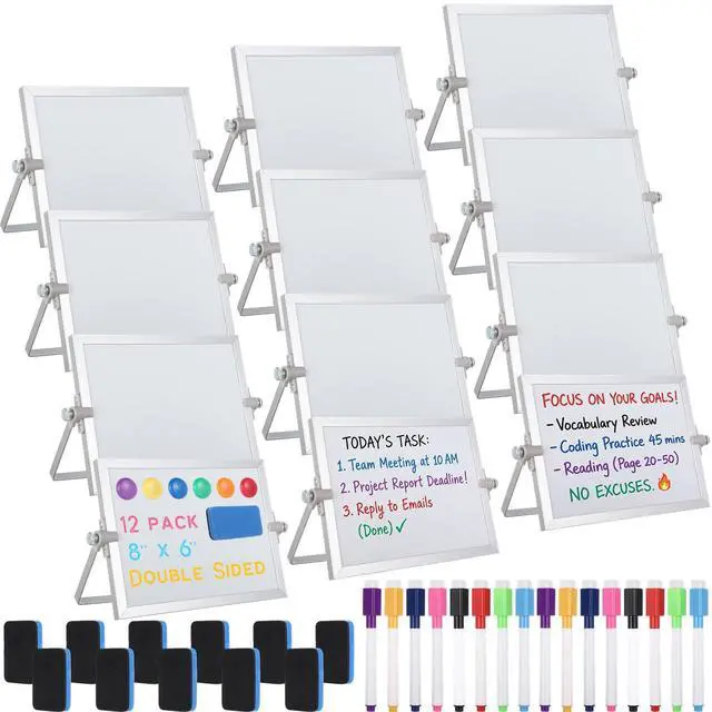 Main image of 12 Pcs Small Dry Erase White Board with Stand 6 x 8'' Magnetic Tabletop Whiteboard Double Sided Mini Dry Erase Easel Board with Markers Magnets Eraser for Office School (White)