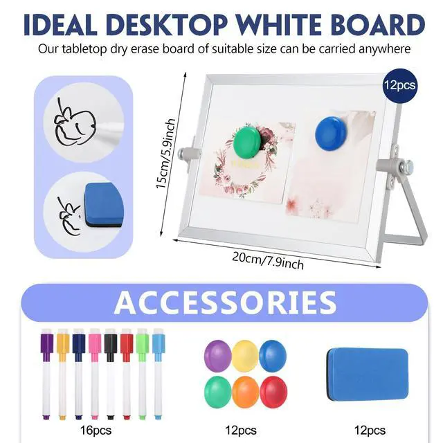 Alt view image 2 of 6 - 12 Pcs Small Dry Erase White Board with Stand 6 x 8'' Magnetic Tabletop Whiteboard Double Sided Mini Dry Erase Easel Board with Markers Magnets Eraser for Office School (White)