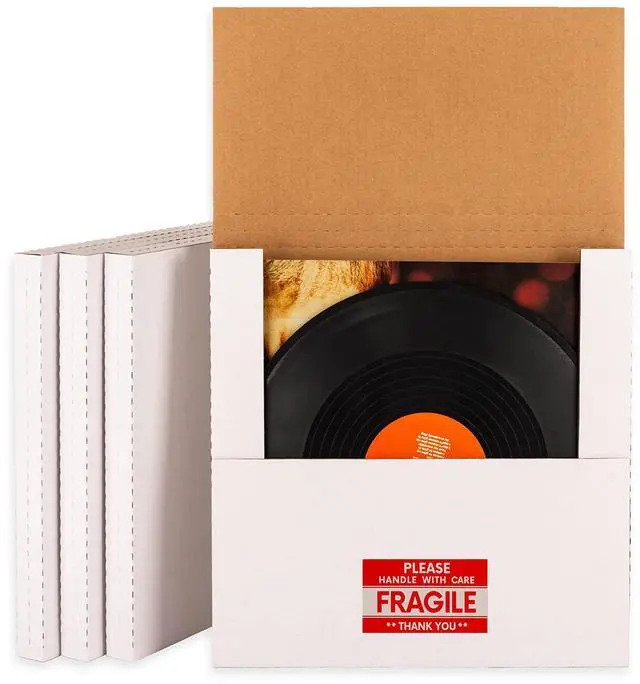 Main image of 12" LP Album Mailers, 12.8x12.8x1 inch Vinyl Record Shipping Box | 50 Pack, Corrugated Cardboard Box for Mailing, Packing, Moving, Storage, w/Fragile Stickers, Multi-Depth, Easy-Fold, White