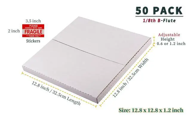 Alt view image 3 of 7 - 12" LP Album Mailers, 12.8x12.8x1 inch Vinyl Record Shipping Box | 50 Pack, Corrugated Cardboard Box for Mailing, Packing, Moving, Storage, w/Fragile Stickers, Multi-Depth, Easy-Fold, White