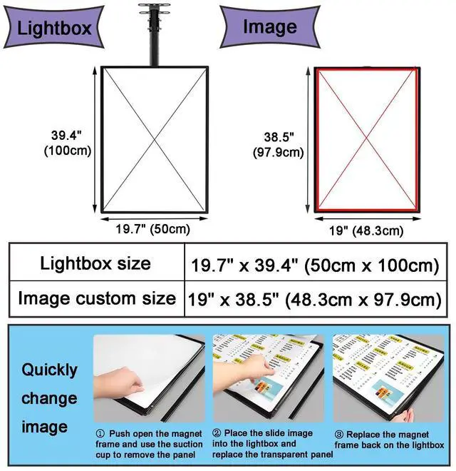 Alt view image 3 of 7 - Wall Mounted LED Menu Light Box, 3D Slim Snap Frame Light Box Billboard, Restaurant Coffee Beverage Shop Display Board Sign, With Telescopic Rod (19.7 "x39.4"/50cmx100cm)