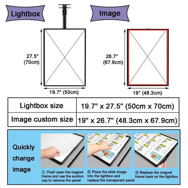 Alt view image 3 of 7 - Wall Mounted LED Menu Light Box, 3D Slim Snap Frame Light Box Billboard, Restaurant Coffee Beverage Shop Display Board Sign, With Telescopic Rod (19.7"x27.5"/50cmx70cm)