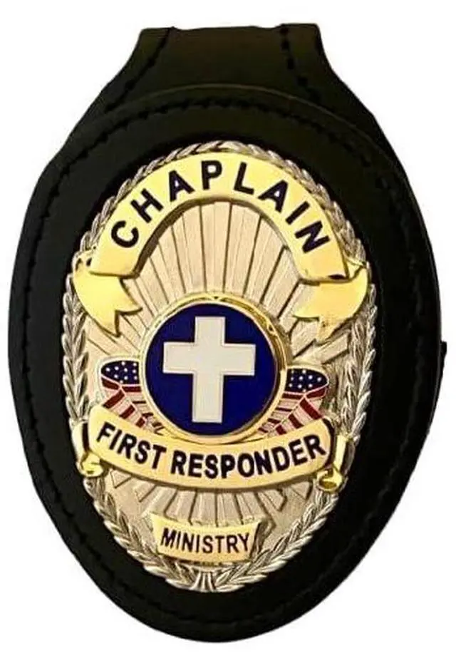 Main image of Chaplain First Responder Badge with Cross and Black Leather Belt Clip Holder