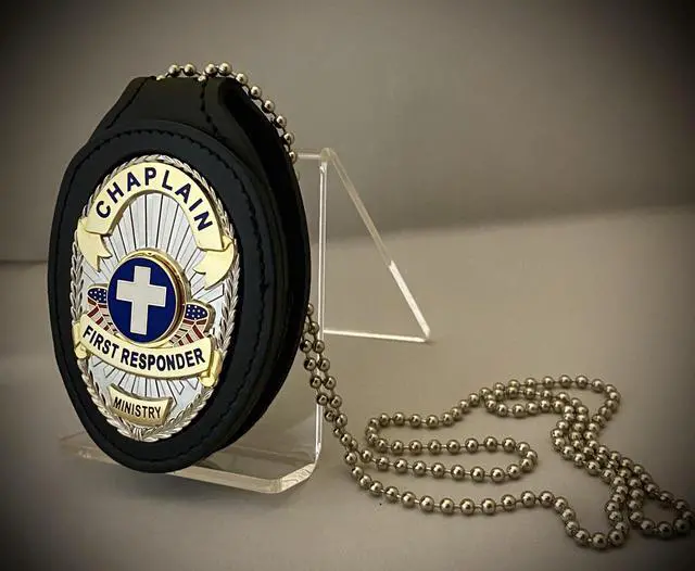 Alt view image 2 of 4 - Chaplain First Responder Badge with Cross and Black Leather Belt Clip Holder
