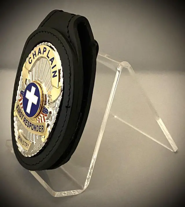 Alt view image 3 of 4 - Chaplain First Responder Badge with Cross and Black Leather Belt Clip Holder