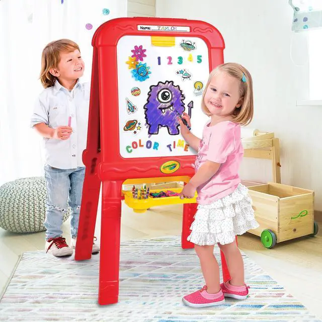 Alt view image 2 of 7 - Creative Fun Double Easel - Magnetic Whiteboard & Chalkboard with Personalized Feature - Includes 77 Magnets, Gears & Chalk - Foldable Kids Art Set