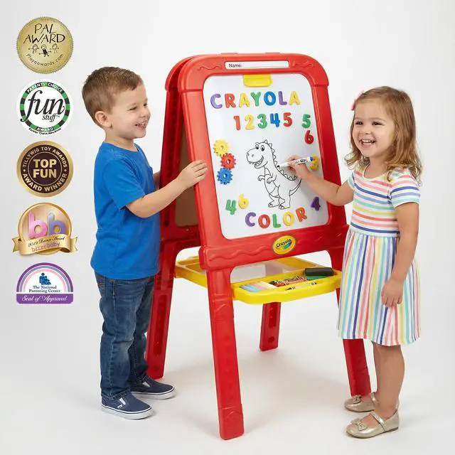 Alt view image 3 of 7 - Creative Fun Double Easel - Magnetic Whiteboard & Chalkboard with Personalized Feature - Includes 77 Magnets, Gears & Chalk - Foldable Kids Art Set