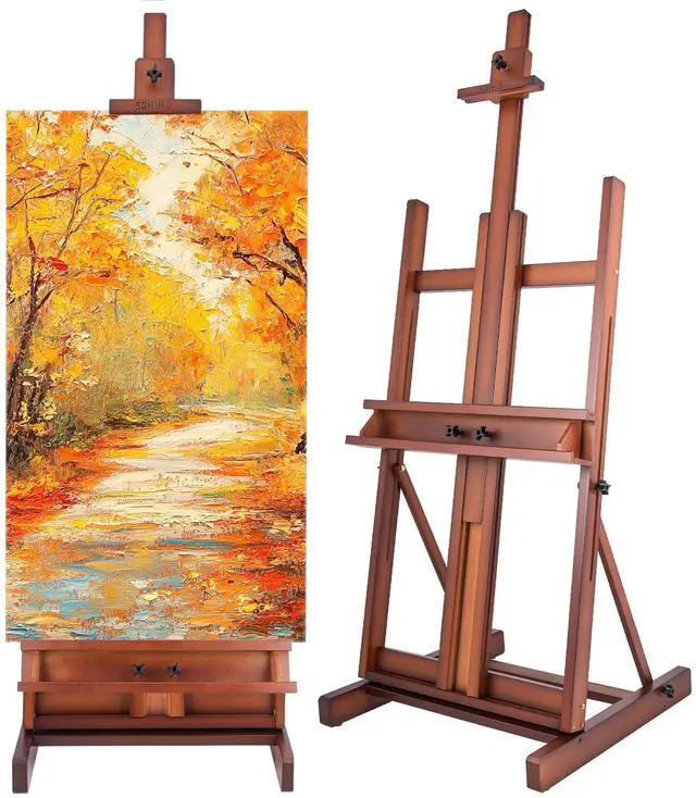 Main image of Beechwood H-Frame Artist Studio Easel with Storage Drawer, Walnut | Adjustable Wooden Painting Easel Holding Canvas up to 78" High
