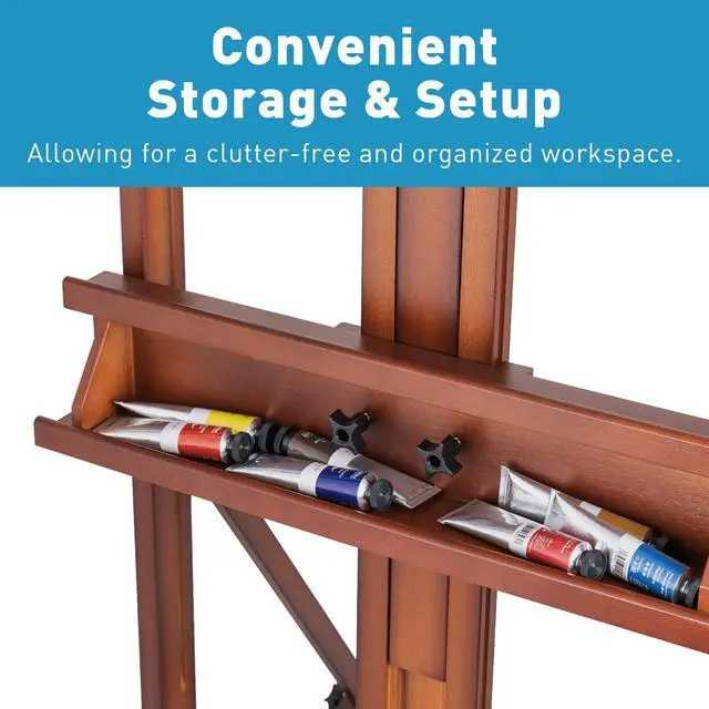Alt view image 3 of 7 - Beechwood H-Frame Artist Studio Easel with Storage Drawer, Walnut | Adjustable Wooden Painting Easel Holding Canvas up to 78" High