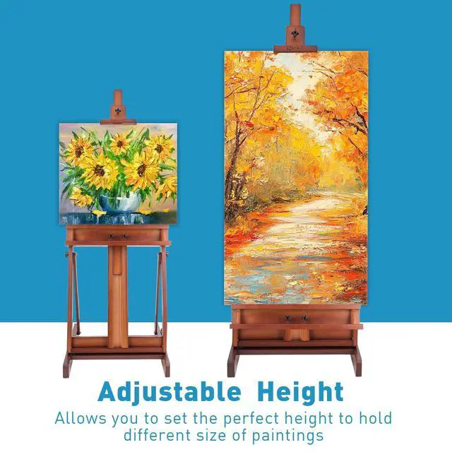 Alt view image 5 of 7 - Beechwood H-Frame Artist Studio Easel with Storage Drawer, Walnut | Adjustable Wooden Painting Easel Holding Canvas up to 78" High