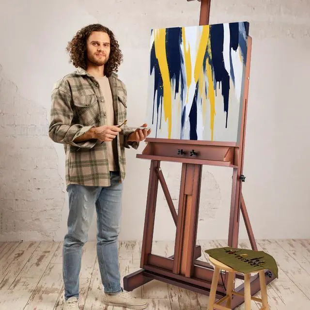 Alt view image 7 of 7 - Beechwood H-Frame Artist Studio Easel with Storage Drawer, Walnut | Adjustable Wooden Painting Easel Holding Canvas up to 78" High