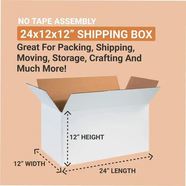Alt view image 2 of 6 - Shipping Boxes Medium White, 24"L x 12"W x 12"H 25-Pack | Corrugated Cardboard Box for Packing, Moving and Storage 24x12x12 241212