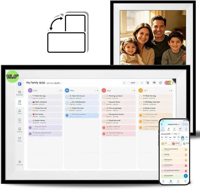 Main image of 15.6" Smart Digital Calendar & Photo Frame with Touchscreen, WiFi Interactive Chore Chart & Meal Planner, Family Wall Calendar Display, Frameo App, 32GB Storage, Wall Mountable (Black)