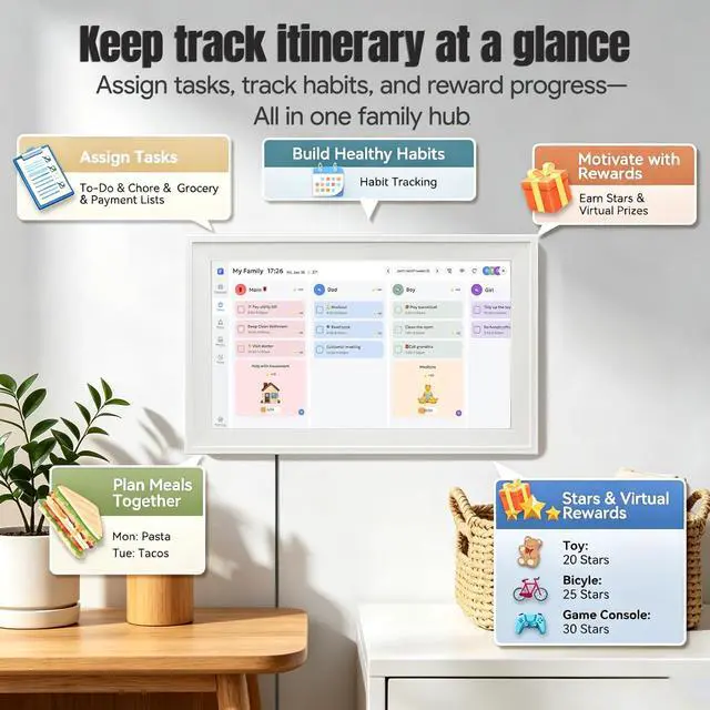 Alt view image 3 of 7 - 15.6" Smart Digital Calendar & Photo Frame with Touchscreen, WiFi Interactive Chore Chart & Meal Planner, Family Wall Calendar Display, Frameo App, 32GB Storage, Wall Mountable (Black)