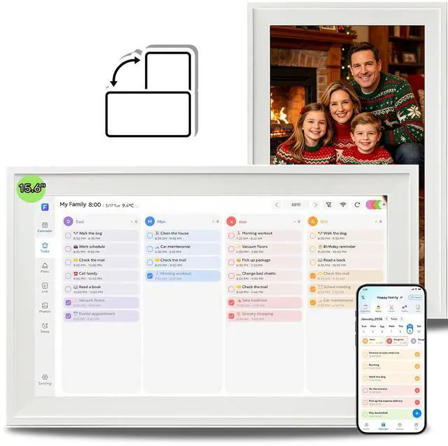 Main image of 15.6" Smart Digital Calendar & Photo Frame with Touchscreen, WiFi Interactive Chore Chart & Meal Planner, Family Wall Calendar Display, Frameo App, 32GB Storage, Wall Mountable (White)