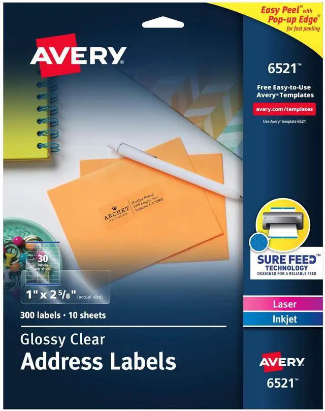 Main image of Glossy Clear Address Labels, Sure Feed Technology, Laser/Inkjet, 1" x 2-5/8", 300 Labels, 5 Packs (6521)