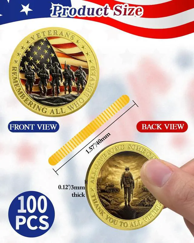 Alt view image 3 of 7 - 100 Pack Military Challenge Coins, Thank You to All Veteran | Thank You for Your Service Coin, Veterans Day Gifts Bulk, Military Appreciation Gifts, Tribute to Service & Sacrifice