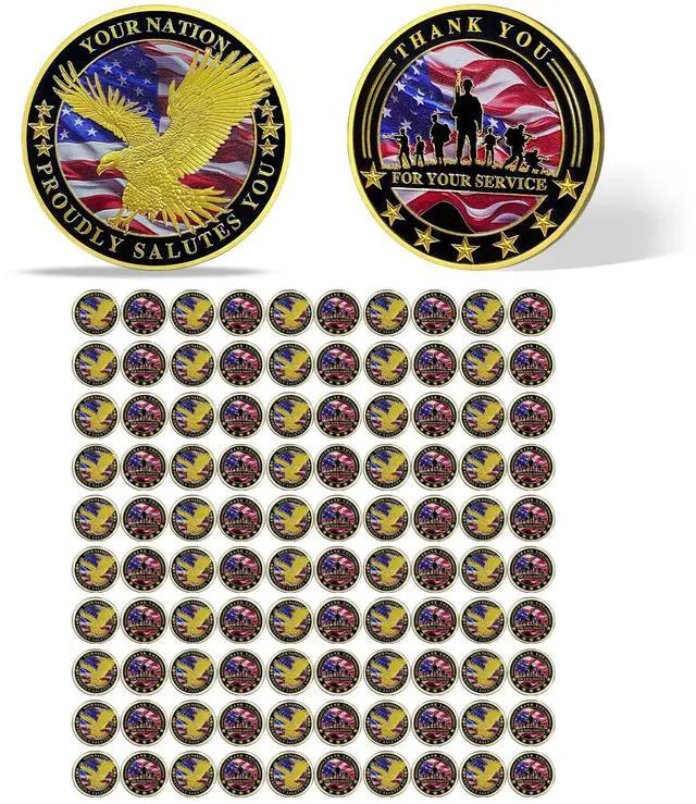 Main image of 100 Pack Military Challenge Coins, Veteran Thank You Coin | Thank You for Your Service, Veterans Day Gifts Bulk, Military Appreciation Tribute, Service Member Recognition, Unit Events