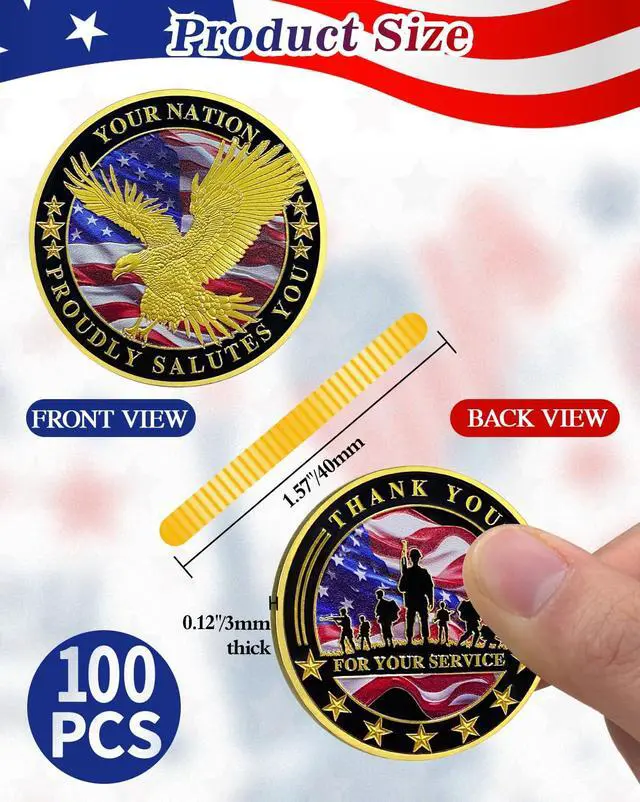 Alt view image 3 of 7 - 100 Pack Military Challenge Coins, Veteran Thank You Coin | Thank You for Your Service, Veterans Day Gifts Bulk, Military Appreciation Tribute, Service Member Recognition, Unit Events