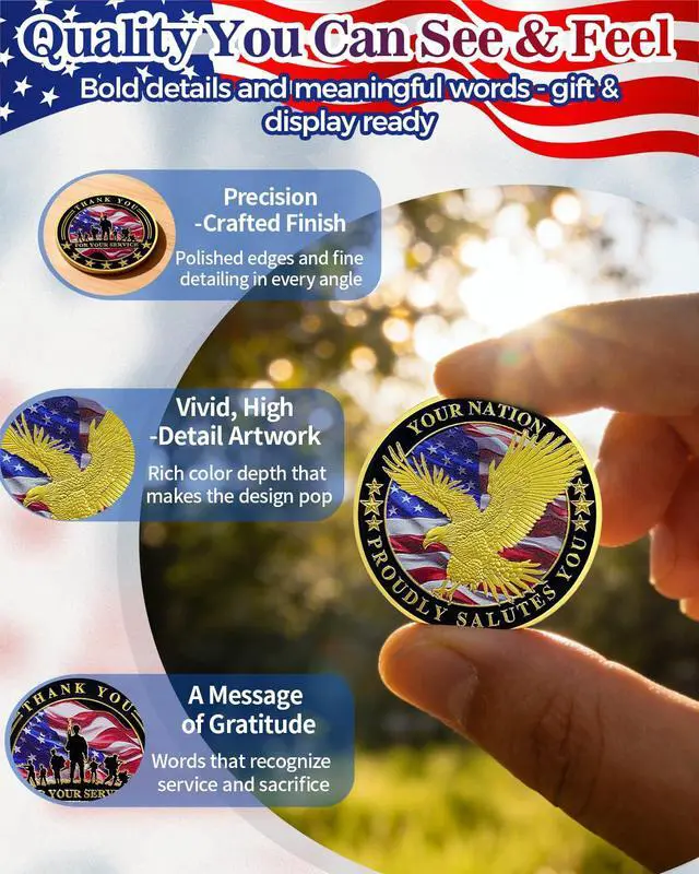 Alt view image 4 of 7 - 100 Pack Military Challenge Coins, Veteran Thank You Coin | Thank You for Your Service, Veterans Day Gifts Bulk, Military Appreciation Tribute, Service Member Recognition, Unit Events