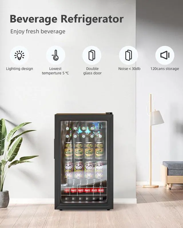 Alt view image 2 of 6 - Beverage Refrigerator Cooler, 120 Cans Freestanding Beverage Fridge with Double-layer Glass Door Mini Fridge Beverage with Adjustable Removable Shelving, Perfect for Beer, Wine, Soda and more