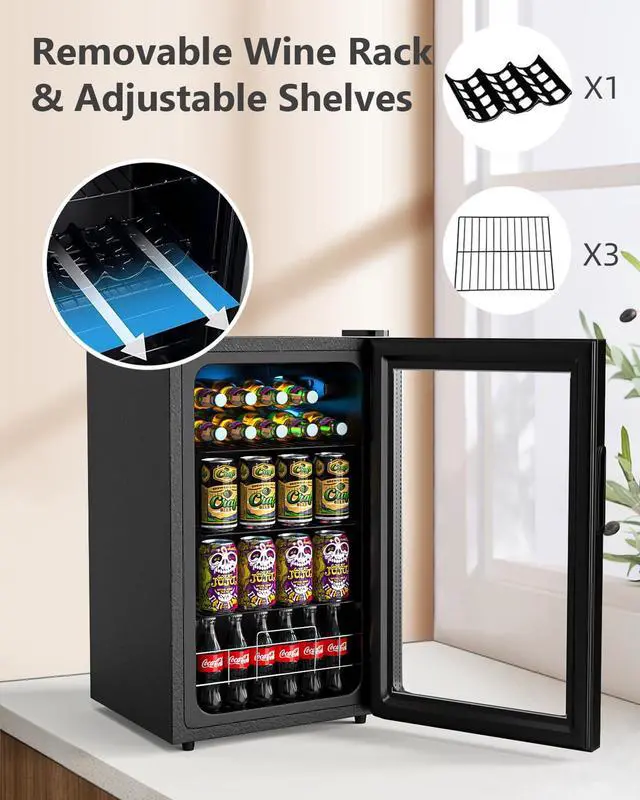Alt view image 5 of 6 - Beverage Refrigerator Cooler, 120 Cans Freestanding Beverage Fridge with Double-layer Glass Door Mini Fridge Beverage with Adjustable Removable Shelving, Perfect for Beer, Wine, Soda and more