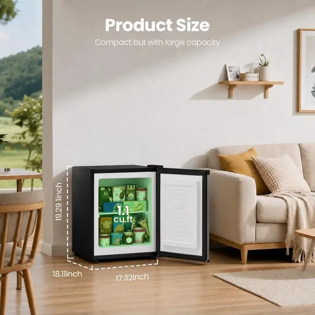 Alt view image 2 of 7 - 1.1 Cu.ft Small Freezer, Mini Upright Freezer, Black | Compact Size for Dorms/RVs/Offices, 2 Removable Shelves, Reversible Door, 7 Adjustable Thermostat, Quiet <40dB
