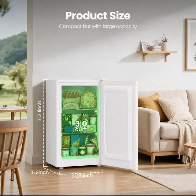 Alt view image 2 of 7 - 3.0 Cu.ft Small Freezer, Mini Upright Freezer, White | Compact Size for Dorms/RVs/Offices. 2 Removable Shelves, Reversible Door, 7 Adjustable Thermostat. Quiet <40dB