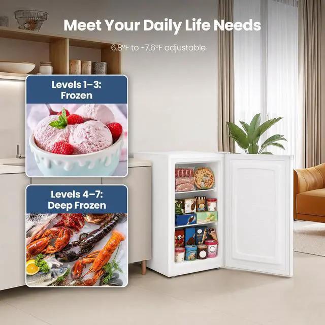 Alt view image 4 of 7 - 3.0 Cu.ft Small Freezer, Mini Upright Freezer, White | Compact Size for Dorms/RVs/Offices. 2 Removable Shelves, Reversible Door, 7 Adjustable Thermostat. Quiet <40dB