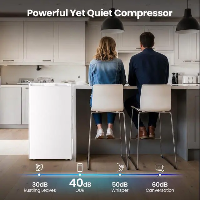 Alt view image 6 of 7 - 3.0 Cu.ft Small Freezer, Mini Upright Freezer, White | Compact Size for Dorms/RVs/Offices. 2 Removable Shelves, Reversible Door, 7 Adjustable Thermostat. Quiet <40dB