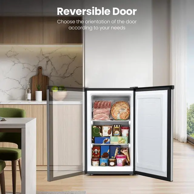 Alt view image 3 of 7 - 3.0 Cu.ft Small Freezer, Mini Upright Freezer, Stainless Steel | Compact Size for Dorms/RVs/Offices. 2 Removable Shelves, Reversible Door, 7 Adjustable Thermostat. Quiet <40dB