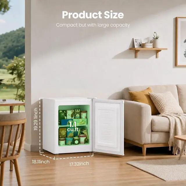 Alt view image 2 of 7 - 1.1 Cu.ft Small Freezer, Mini Upright Freezer, White | Compact Size for Dorms/RVs/Offices, 2 Removable Shelves, Reversible Door, 7 Adjustable Thermostat, Quiet <40dB