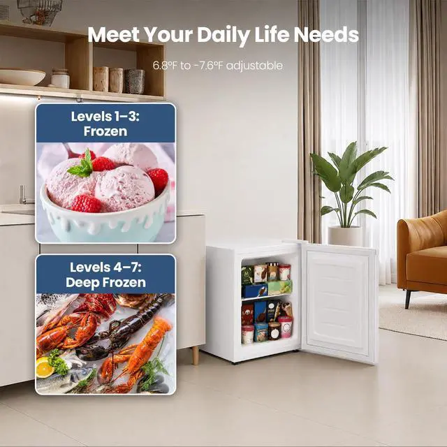 Alt view image 3 of 7 - 1.1 Cu.ft Small Freezer, Mini Upright Freezer, White | Compact Size for Dorms/RVs/Offices, 2 Removable Shelves, Reversible Door, 7 Adjustable Thermostat, Quiet <40dB