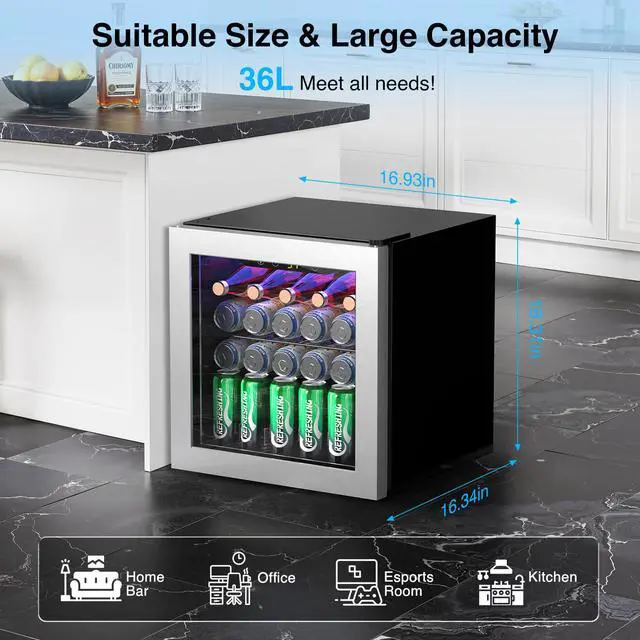 Alt view image 2 of 7 - Beverage 36L Refrigerator Cooler Mini Fridge,1.3 Cu.Ft Drink Fridge for 12 Bottle 50 Can with Quiet Compressor,LED Light,Electronic Temperature Control for Home/Bar/Office
