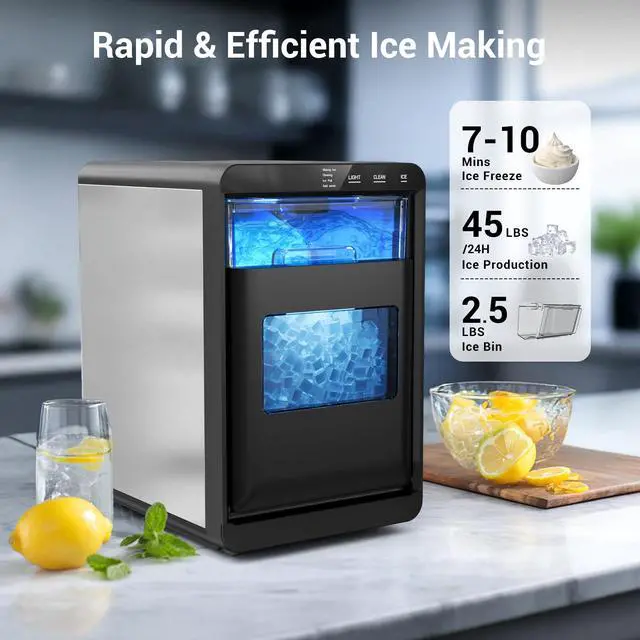 Alt view image 2 of 7 - Nugget Ice Maker Countertop, 45Lbs/24H with 0.47 Gallon Tank Pebble Ice Maker, Self-Cleaning Pellet Ice Machine Ready in 5-10min, Nugget Ice Machine for Kitchens/Home/Office