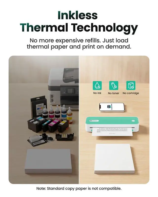 Alt view image 4 of 7 - P1 Portable Inkless Printer, 203 DPI Wireless Thermal Printing for iPhone Android Laptop PC, Print US Letter Documents Receipts Anywhere, for Travel Remote Work Home Office School, Green