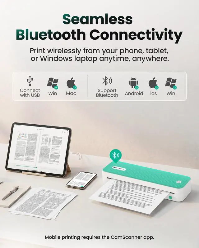 Alt view image 5 of 7 - P1 Portable Inkless Printer, 203 DPI Wireless Thermal Printing for iPhone Android Laptop PC, Print US Letter Documents Receipts Anywhere, for Travel Remote Work Home Office School, Green