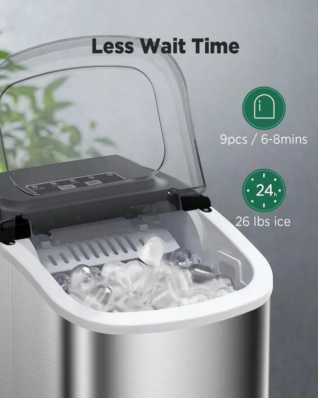 Alt view image 2 of 7 - Ice Maker Countertop, Portable Ice Machine Ready in 6 Minutes with 9 Cubes 26LBS in 24H, Self-Cleaning with Ice Scoop and Basket, Two Sizes of Bullet Ice for Home Kitchen Office, Bar and Parties