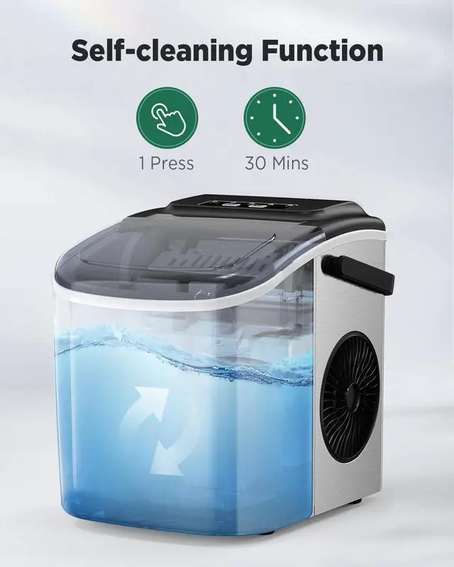 Alt view image 3 of 7 - Ice Maker Countertop, Portable Ice Machine Ready in 6 Minutes with 9 Cubes 26LBS in 24H, Self-Cleaning with Ice Scoop and Basket, Two Sizes of Bullet Ice for Home Kitchen Office, Bar and Parties