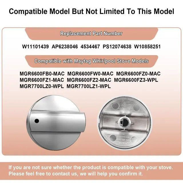 Alt view image 2 of 7 - W11101439 Oven Range Burner Knob for Maytag Whirlpool Gas Stove Knob 5 Pack | Surface Burner Knobs Fits MGR6600FZ0 MGR6600FB0 MGR6600FZ1 MGR7700LZ1 MGR6600FW0 MGR6600FZ2, Replace W10858251 AP6238046