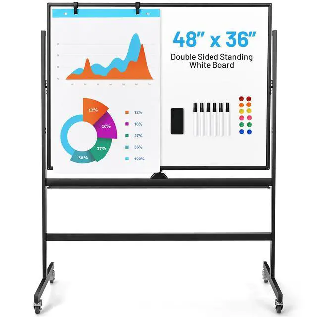 Main image of Double-Sided Magnetic Dry Erase Mobile Whiteboard, 48 x 36 Inches Adjustable-Height Reversible Whiteboard w/ 1 Flip Chart, 6 Markers, 12 Magnets, 1 Eraser, Free-Standing Rolling Whiteboard
